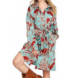 NEW ELLEBORN printed satin midi shirt dress in multi
